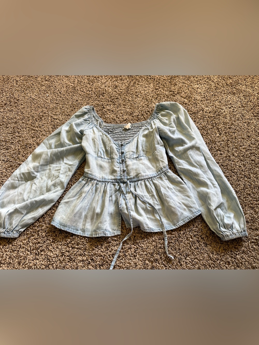 Aerie Light Wash Chambray Peplum Top - Size XS - Smocked Detail